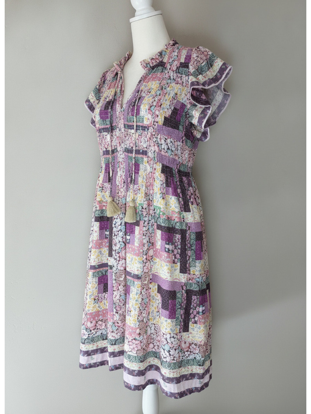 Sea New York Naya Patchwork Floral Mini Dress with Ruffle Sleeves SMALL